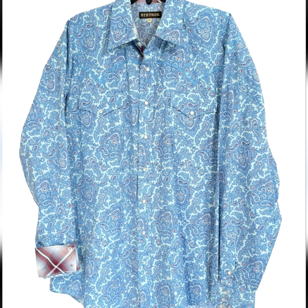 Stetson Western Shirt Pearl Snaps XL Men Point Collar 100% Cotton Cowboy Rodeo